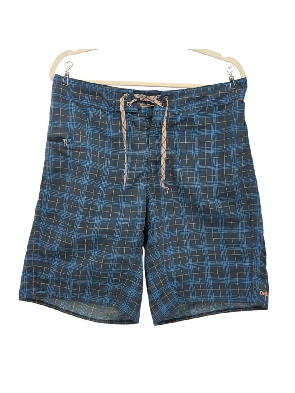 Patagonia Mens 32 Board Shorts Plaid Gray Blue Yellow Logo Pocket Swim Vacation